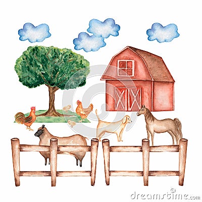 Watercolor hand drawn farm. Hand drawn animals and objects: barn. tree, clouds, grass, fence, hen,chicken,rooster,dog,sheep and Stock Photo