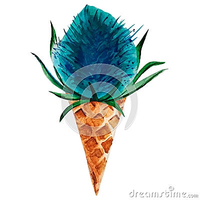 Watercolor hand drawn feverweed flower in a waffle cone. Stock Photo