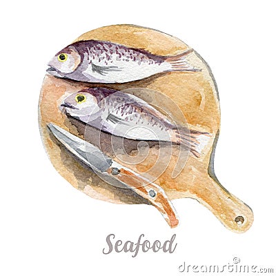 Watercolor hand drawn fish. fresh seafood illustration on white background Cartoon Illustration