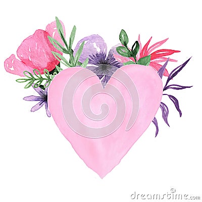 Watercolor Hand drawn Floral Arrangement Pink Heart Background Frame Cartoon Illustration