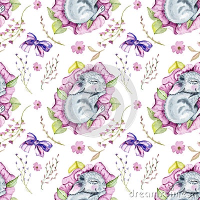 Watercolor Hand Drawn floral Bunny Composition for card making, paper, textile, printing, packaging Cartoon Illustration