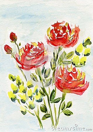 Watercolor hand drawn flowers, hand drawn image, watercolor bouquet flowers, pink red roses hand drawn, yellow flowers, art print, Stock Photo