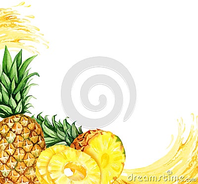 watercolor hand drawn frame with pineapple, half and slices ripe pineapple, pineapple rings and stream of juicy, sketch Cartoon Illustration