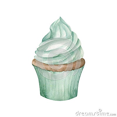 Watercolor hand drawn geen cupcake with wripped cream. Sweet food illustration for cafe, menu design on white background Cartoon Illustration