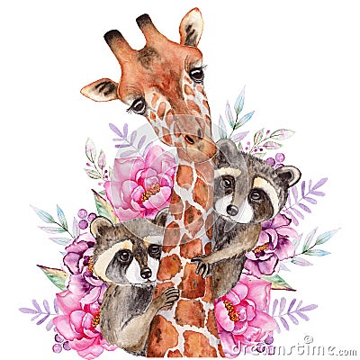 Watercolor Hand Drawn Giraffee and Racoon Compositions for card making, paper, textile, printing, packaging Cartoon Illustration