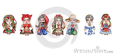 Watercolor hand drawn girl and boy gnome in national ukrainian costume. Design for baby shower party, birthday,cake, holiday Stock Photo