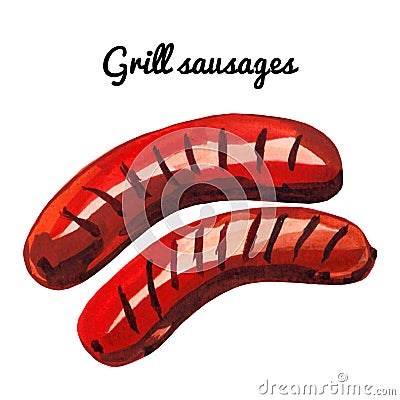 Watercolor hand drawn grilled sausages illustration isolated on white Cartoon Illustration