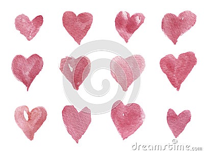 Watercolor hand-drawn hearts for design, background and textile. Artistic isolated illustration. Cartoon Illustration