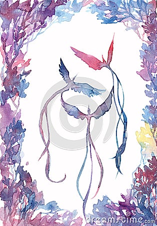 Watercolor hand drawn holiday inspiring card with flying birds and a frame of foliage Stock Photo