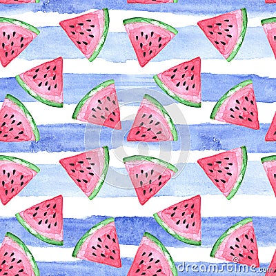 Watercolor hand drawn illustrated seamless pattern with pink tasty delicious juicy watermelon slices Stock Photo
