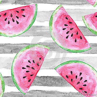 Watercolor hand drawn illustrated seamless pattern with pink tasty delicious juicy watermelon Stock Photo