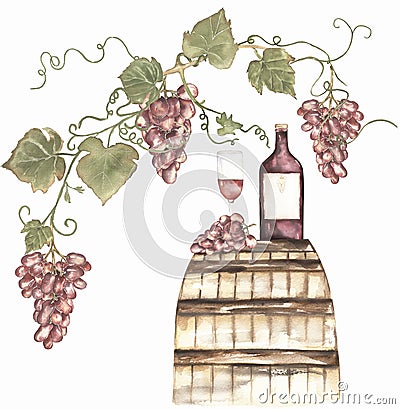 Watercolor hand drawn illustration composition with wooden barrel and glass with red wine and grapes. vineyard clipart Cartoon Illustration