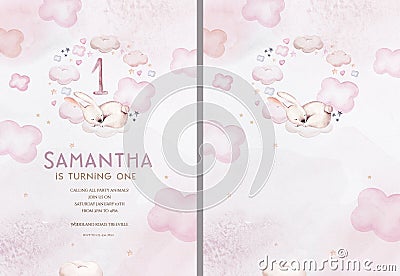 Watercolor hand drawn illustration of a cute baby bunny rabbit sleeping on the moon and the cloud. Baby Shower Theme Invitation Cartoon Illustration
