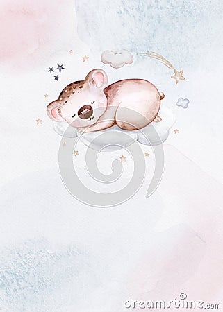 Watercolor hand drawn illustration of a cute baby koala sleeping on the moon and the cloud. Baby Shower Theme Invitation birthday Cartoon Illustration