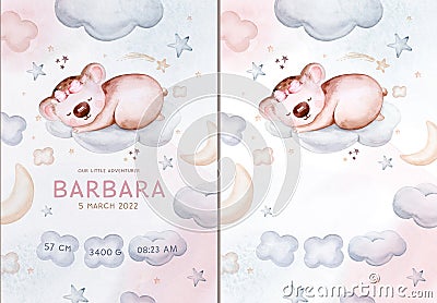 Watercolor hand drawn illustration of a cute baby koala sleeping on the moon and the cloud. Baby Shower Theme Invitation birthday Cartoon Illustration