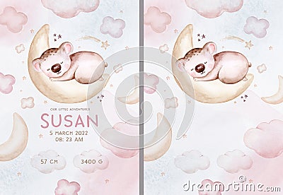 Watercolor hand drawn illustration of a cute baby koala sleeping on the moon and the cloud. Baby Shower Theme Invitation birthday Cartoon Illustration