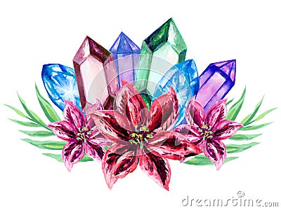 Watercolor hand drawn illustration gemstone crystals precious semiprecious minerals with flowers and leaves. Occult witchcraft Cartoon Illustration