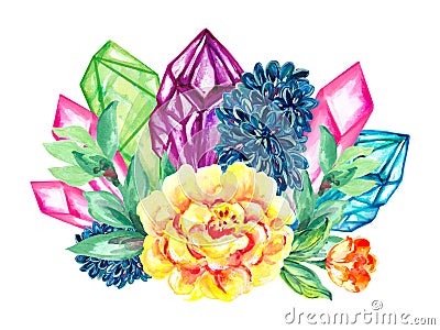 Watercolor hand drawn illustration gemstone crystals precious semiprecious minerals with flowers and leaves. Occult witchcraft Cartoon Illustration