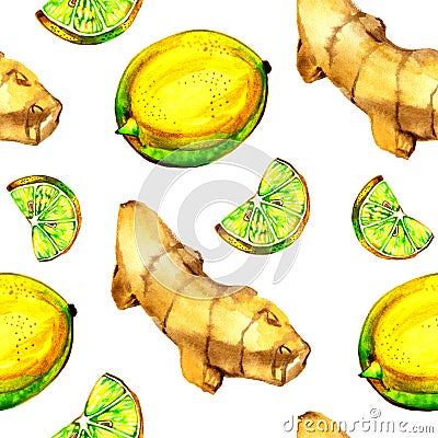 Watercolor hand drawn illustration with ginger lemon tea on white background. Isolated. Stock Photo