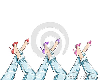 Watercolor hand drawn illustration - girl wearing heels and blue denim jeans Cartoon Illustration