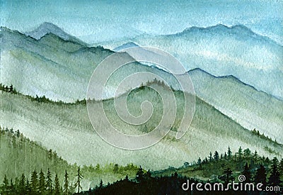 Watercolor hand-drawn illustration: high mountains with forest in a mist Cartoon Illustration