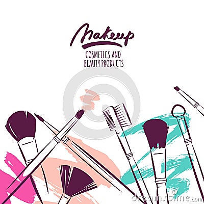 Watercolor hand drawn illustration of makeup brushes on colorful grunge background. Vector Illustration