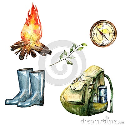 Watercolor hand drawn illustration with tourism and camping isolated objects. Stock Photo