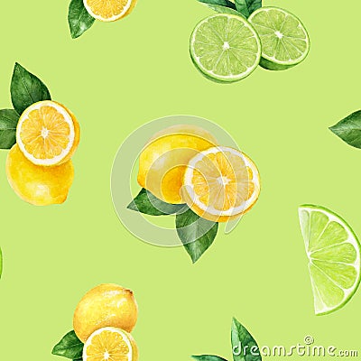 Watercolor hand drawn lemon, lime fruit seamless pattern. Cartoon Illustration