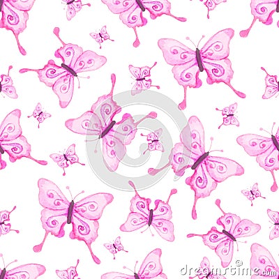 watercolor hand drawn magical fairy pink butterflies seamless pattern Vector Illustration