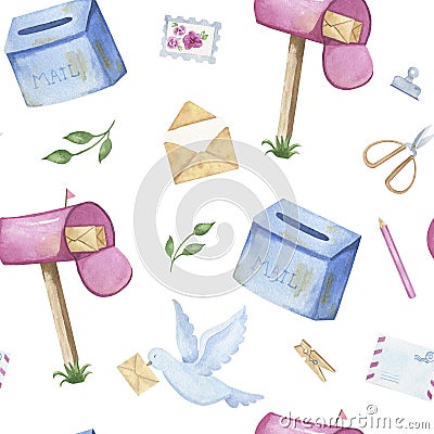Watercolor hand-drawn mail pattern with mailboxes, postmark, scissors, pencil, envelope, letter Stock Photo