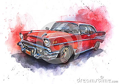 Watercolor hand-drawn old-fashioned red car Stock Photo