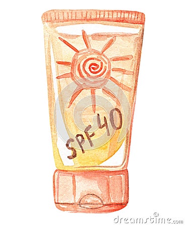 Watercolor hand drawn orange suntan cream tube with sun isolated on white background Stock Photo