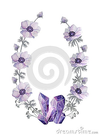 Watercolor hand drawn oval circle round frame illustration of violet purple lavender gemstone crystals precious Cartoon Illustration