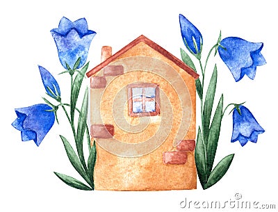 Watercolor hand drawn painted small toy house with groups of bluebell flowers on both sides of it. Aquarelle Stock Photo