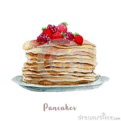 Watercolor hand drawn pancakes. dessert illustration on white background Cartoon Illustration