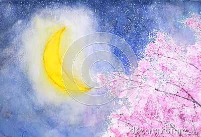 Watercolor hand drawn on paper landscape moon and pink sakura tree. Stock Photo