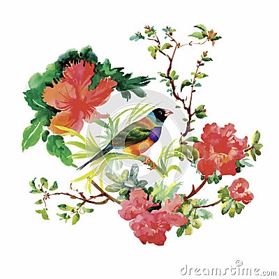 Watercolor hand drawn pattern with tropical summer flowers of and exotic birds Vector Illustration