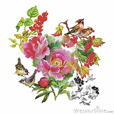 Watercolor hand drawn pattern with tropical summer flowers of and exotic birds Vector Illustration