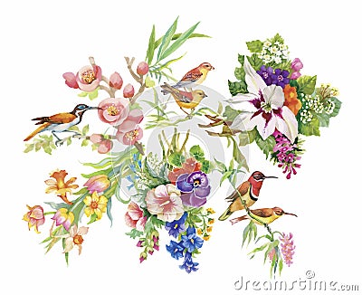 Watercolor hand drawn pattern with tropical summer flowers of and exotic birds Vector Illustration