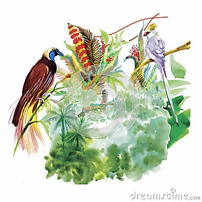 Watercolor hand drawn pattern with tropical summer flowers of and exotic birds Vector Illustration