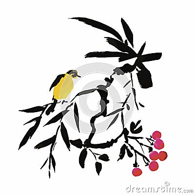 Watercolor hand drawn pattern with tropical summer flowers of and exotic birds Vector Illustration