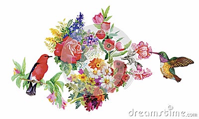 Watercolor hand drawn pattern with tropical summer flowers of and exotic birds Vector Illustration