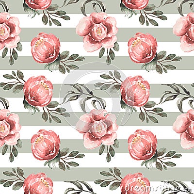 Watercolor hand drawn pink peony flowers seamless pattern, Florals repeat paper, garden florals and green stripes background. Stock Photo