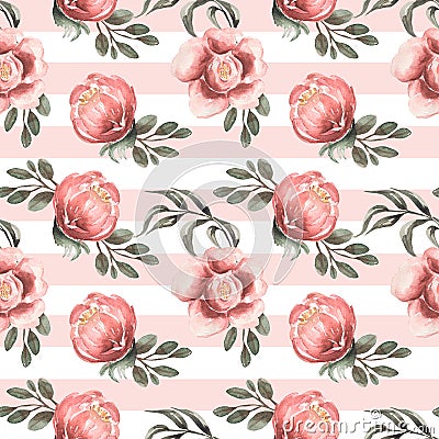 Watercolor hand drawn pink peony flowers seamless pattern, Florals repeat paper, garden florals and pink stripes background. Stock Photo