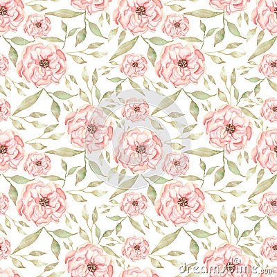 Watercolor hand drawn pink peony flowers seamless pattern, Florals repeat paper, garden florals and pink stripes background. Stock Photo