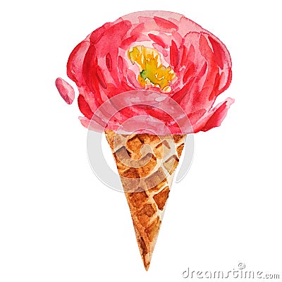 Watercolor hand drawn pink peony in a waffle cone. Stock Photo