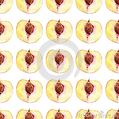 Watercolor hand drawn regular seamless pattern with peach half fruit with seed isolated on white background. Stock Photo