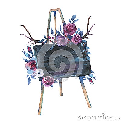 Watercolor Hand Drawn Rustic Easel with Chalk Board and Flowers Stock Photo