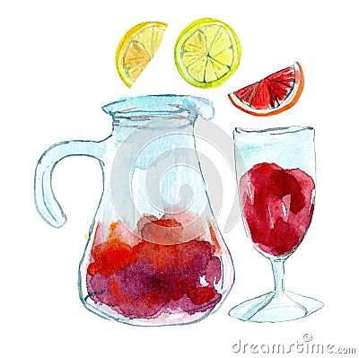 Watercolor hand drawn sangria in decanter and glass. Illustration of homemade wine with frutis Stock Photo