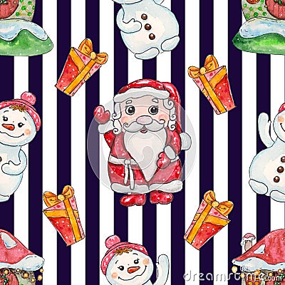 Watercolor hand drawn Santa Seamless pattern Stock Photo